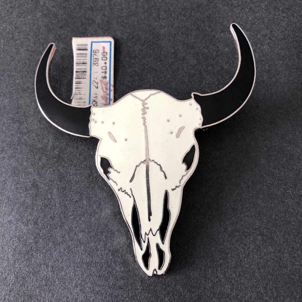 Vintage Mitchell Brooch Large Bull Leghorn Enamel Silver Tone Black White New 3"